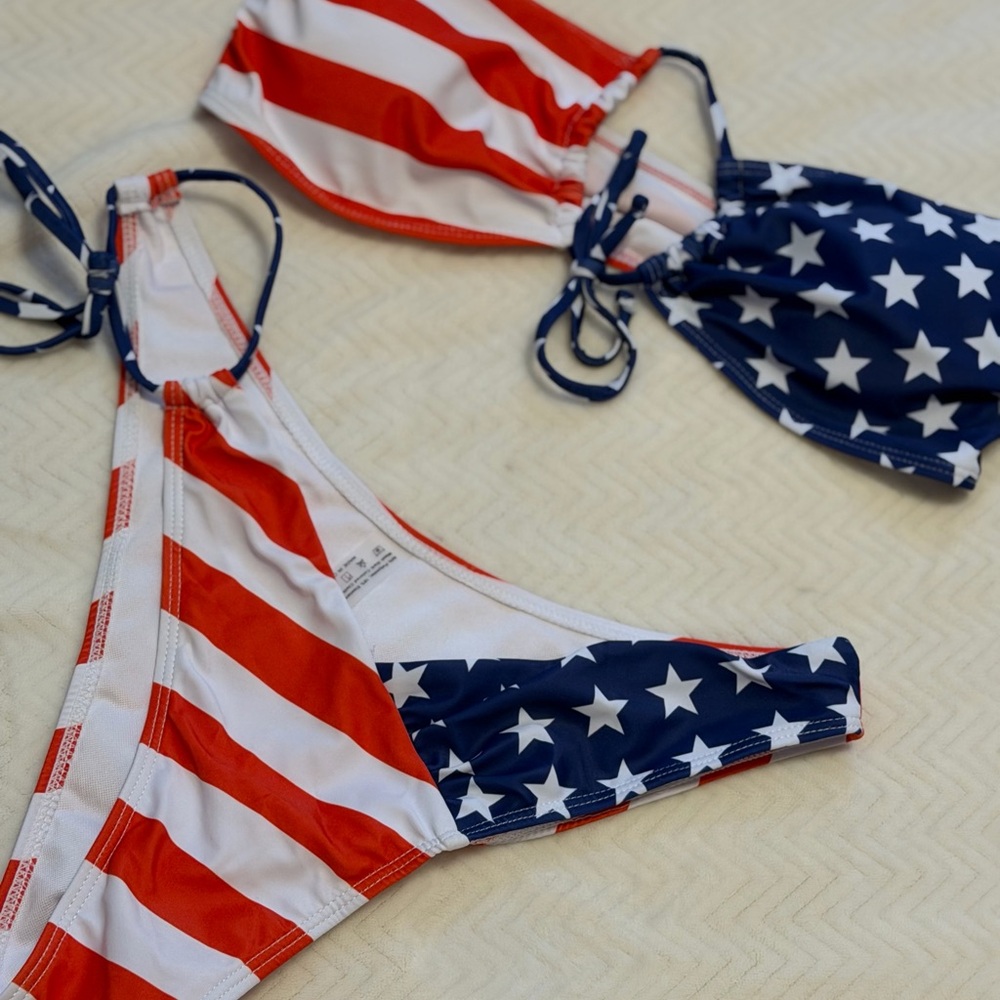 Flag-Print Bandeau Bikini Set - Red/White/Blue - Picture 3 of 4